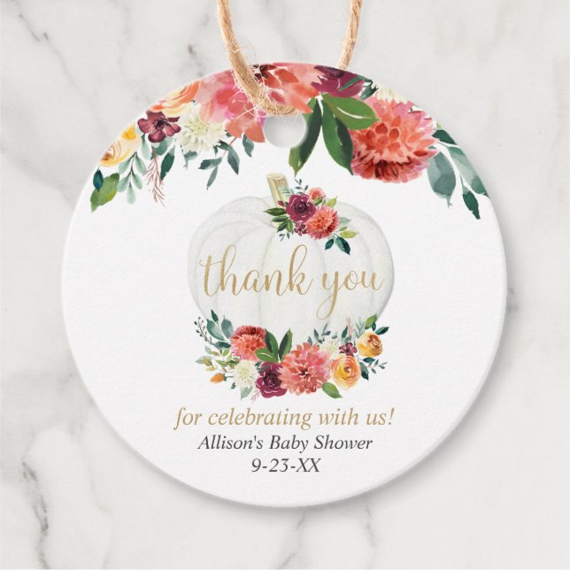 Burgunder Goldfall Blumenkürbis Babydusche Geschenkanhänger (Vorderseite)