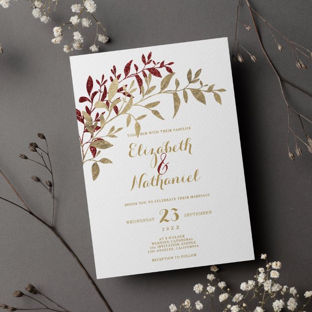 Burgunder Goldmedaille Glitzer Blätter Blütenweiße Einladung (Burgundy gold glitter leaves floral white wedding )