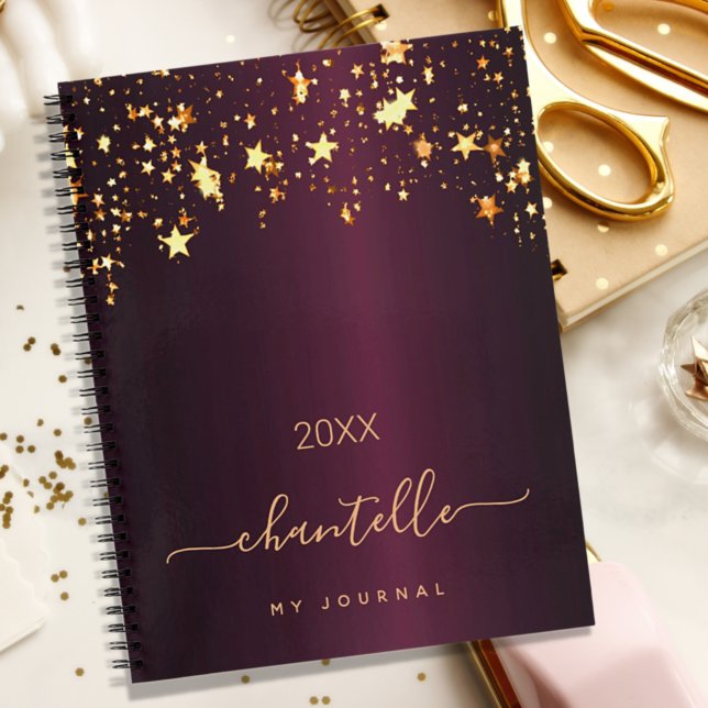 Burgunder Goldsterne Monogramm Name Moderner Chic Notizbuch (Von Creator hochgeladen)