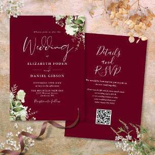 Burgunder-Grünpflanzen-Blumen-Hochzeit mit QR-Code Einladung