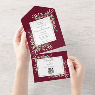 Burgunder-Grünpflanzen-Blumen-QR-Code-Hochzeit All In One Einladung