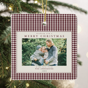 Burgunder-Hahnentritt-Weihnachtsfoto Keramikornament