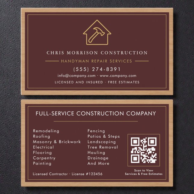 Burgunder-Handwerker-QR-Code-Holzkonstruktion  Visitenkarte (Von Creator hochgeladen)