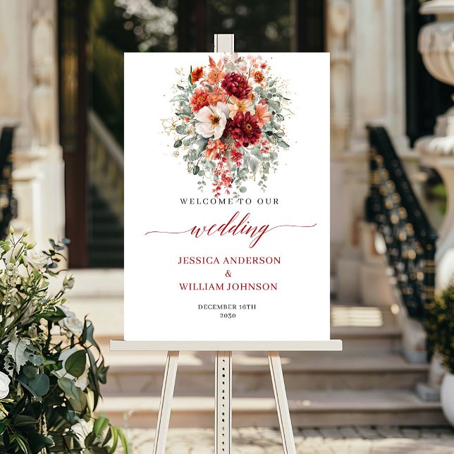 Burgunder Herbst-Blumen-Boho-Eukalyptus-Hochzeitss Poster (Burgundy Fall Floral Boho Eucalyptus Wedding Welcome

)
