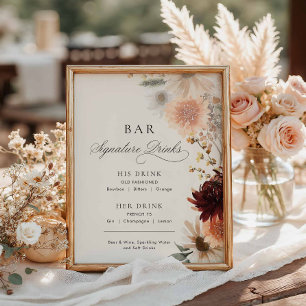 Burgunder-Herbst-Blumen-Hochzeits-Signature-Bar-Me Poster