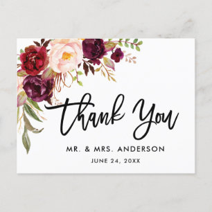 Burgunder Hochzeit Danksagung in Brush-Schrift mit Postkarte