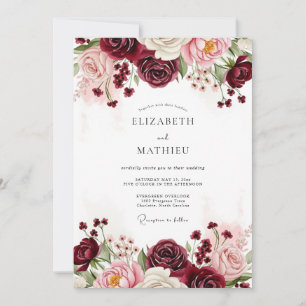 Burgunder Hochzeit mit Blumen Einladung