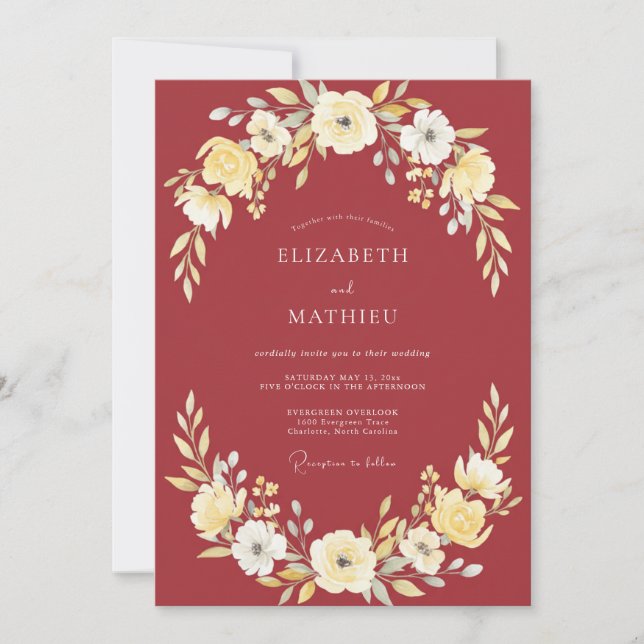 Burgunder Hochzeit mit botanischem Glanz Einladung (Vorderseite)