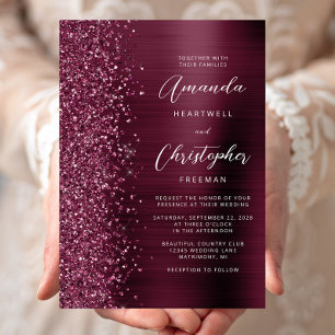 Burgunder Hochzeit mit gebürstetem Metall-Glitter- Einladung