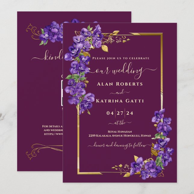 Burgunder Hochzeit RSVP QR Code Veilchen Goldrahme Einladung (Vorne/Hinten)
