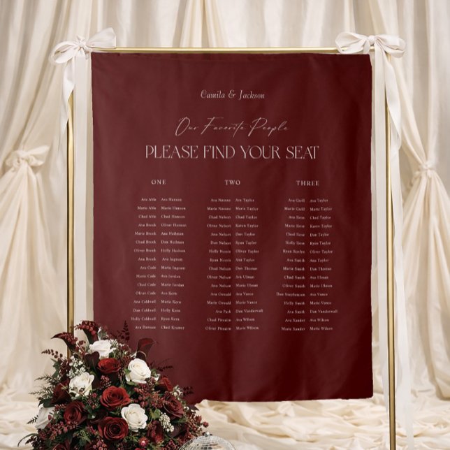 Burgunder Hochzeit Sitzplan Stoff Wandteppich (Von Creator hochgeladen)