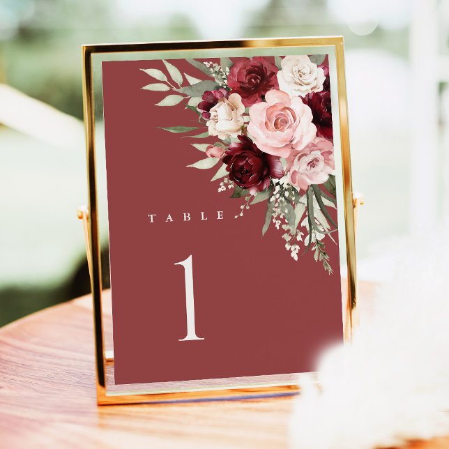 Burgunder Hochzeit Tischnummern, Rosafarbenes Flor (Burgundy blush floral wedding table number sign, elegant burgundy pink rose watercolor table decor)