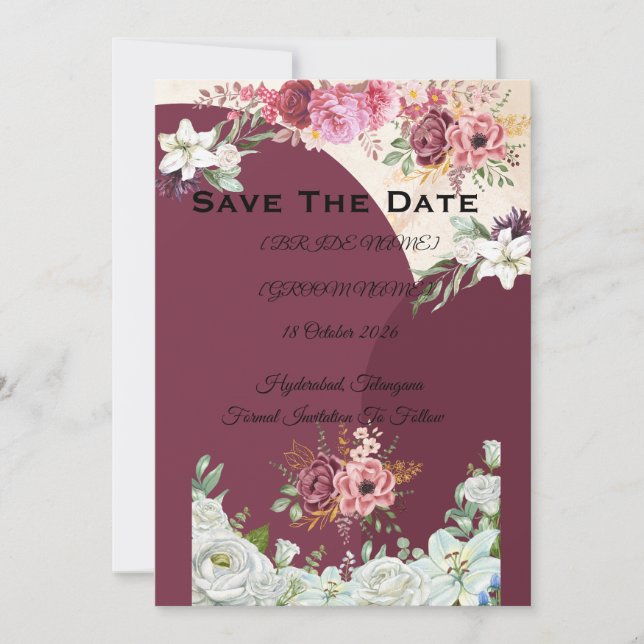 Burgunder Hochzeitsanzeige Save The Date (Vorderseite)