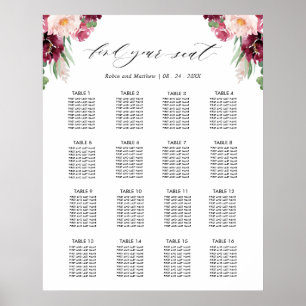 Burgunder Hochzeitsempfang 16 Sitzordnungsschild Poster