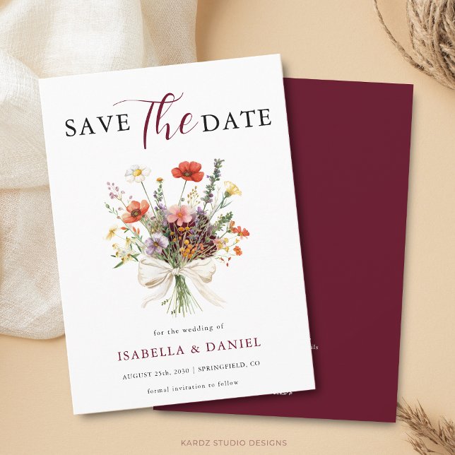 Burgunder Hochzeitsfloristik Save The Date (Card is shown in 4.5 x 6.25 inches with square corners. Choose size, corner and paper style.)