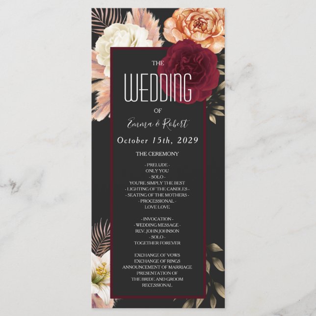 Burgunder Hochzeitsprogramm mit floralen Motiven Programm (Vorderseite)