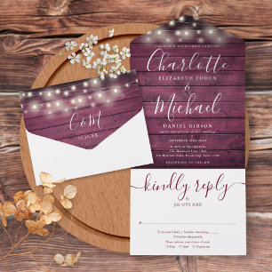 Burgunder Holz-Lichterkette Hochzeit All In One Einladung