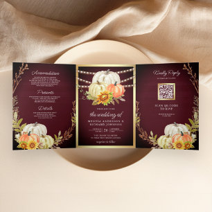 Burgunder Holz Sonnenblume Kürbis QR Code Hochzeit Dreifach Gefaltete Einladung