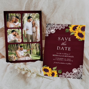 Burgunder Holz-Spitzen-Sonnenblumen-Hochzeitsfoto Save The Date