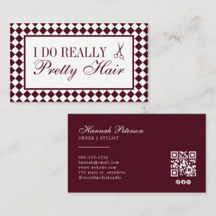 Burgunder Karo Old Money Haarstylist QR Code Visitenkarte