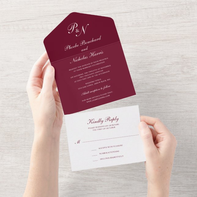 Burgunder Klassische Elegante Hochzeit All In One Einladung (Abreißen)