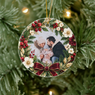 Burgunder-Kranz-Familienfoto Keramik Ornament