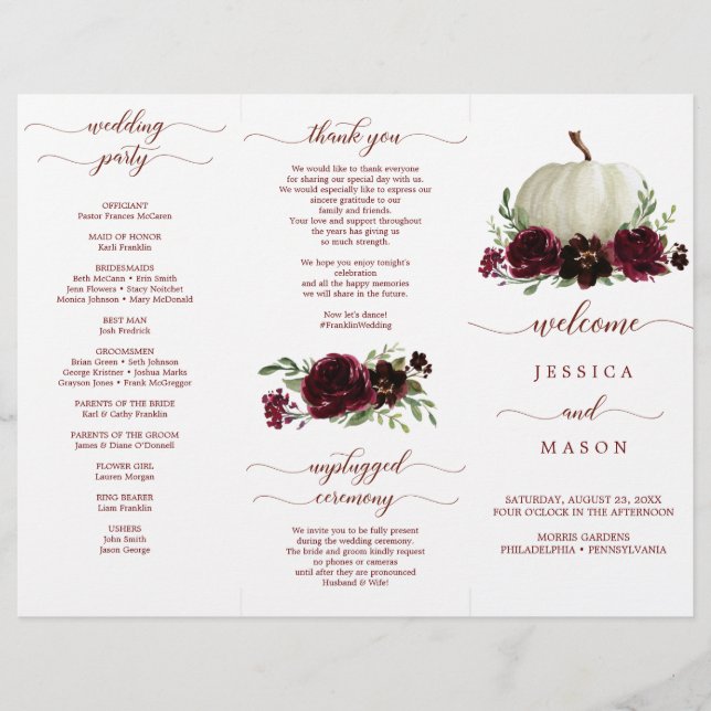 Burgunder-Kürbis-Herbst-Tri-Fold-Hochzeitsprogramm Flyer (Vorne)