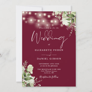 Burgunder Lichterkette Florales Monogramm Hochzeit Einladung
