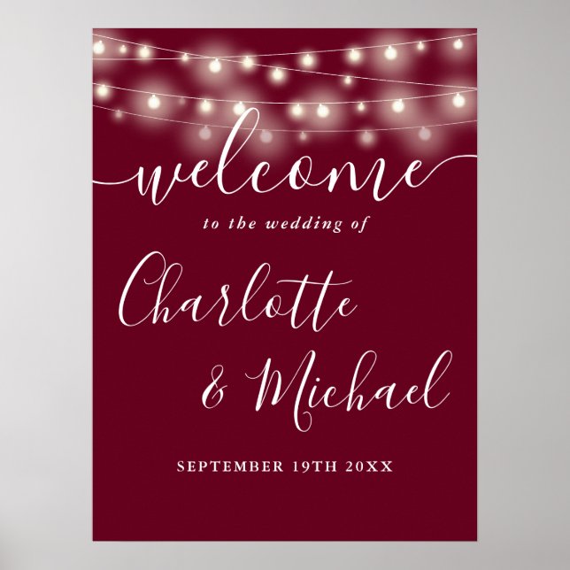 Burgunder Lichterkette Hochzeit Willkommensschild Poster (Vorne)