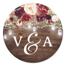 Burgunder Lichterkette Monogramm Hochzeitsaufklebe