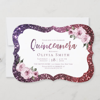 Burgunder lila Funkelblume Glitzer Quinceanera Einladung