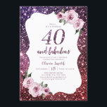 Burgunder lila Glitzer und Blumengebäck 40. Geburt Einladung<br><div class="desc">Burgundy lila Imitate funkeln Glitzer Hintergrund und rosa Blumen mit "40 und fabelhaften" Drehbuch in der Mitte,  elegant und stilvoll,  großartige 40. Party Einladungen. Halbglanzpapier ausgewählt.</div>