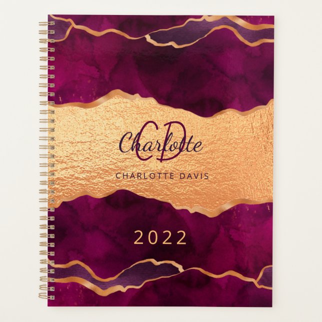 Burgunder lila Goldagate Marmor Rose Gold 2025 Planer (Vorderseite)