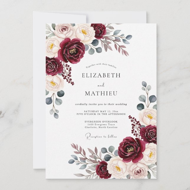 Burgunder Malerische Blüten Romantische Hochzeit Einladung (Vorderseite)