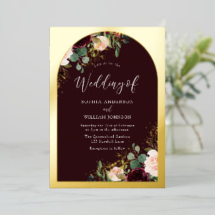 Burgunder-Maroon-Aquarell-Blumenhochzeit Gold Folieneinladung