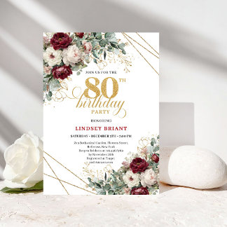 Burgunder-Marsala-Blumen Grün 80. Geburtstag Einladung
