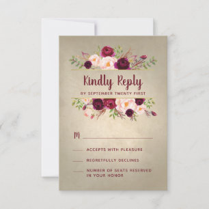 Burgunder Marsala Blush Vintage Hochzeit RSVP Kart Karte