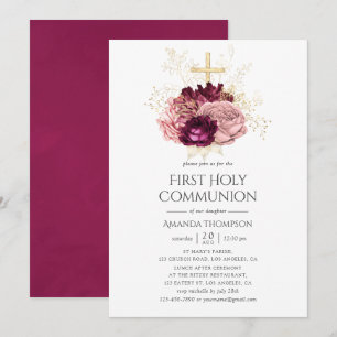 Burgunder-Marsala-Rosa-&-Gold-Erstkommunion Einladung