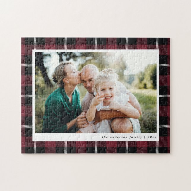 Burgunder Modernes Foto rustikal Tartan Karo Puzzle (Horizontal)