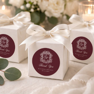 Burgunder-Monogramm-Hochzeitswappen Danke Runder Aufkleber