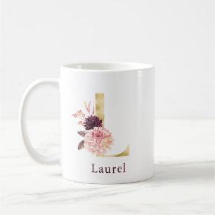 Burgunder Name und rosa florales Monogramm Buchsta Kaffeetasse