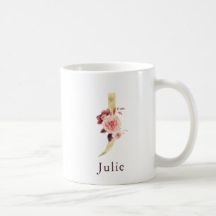 Burgunder Name und rosa florales Monogramm Buchsta Kaffeetasse