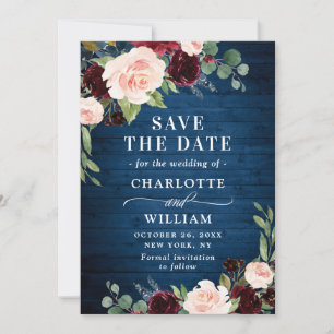 Burgunder-Navy-Blau-Blush-Rustikale-Floral-Hochzei Save The Date