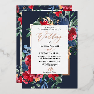 Burgunder navy Blumen gold Schriftfoto Hochzeit Folieneinladung