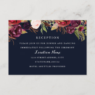 Burgunder-Navy-Blumen-Herbst-Hochzeitsempfangskart Einladung