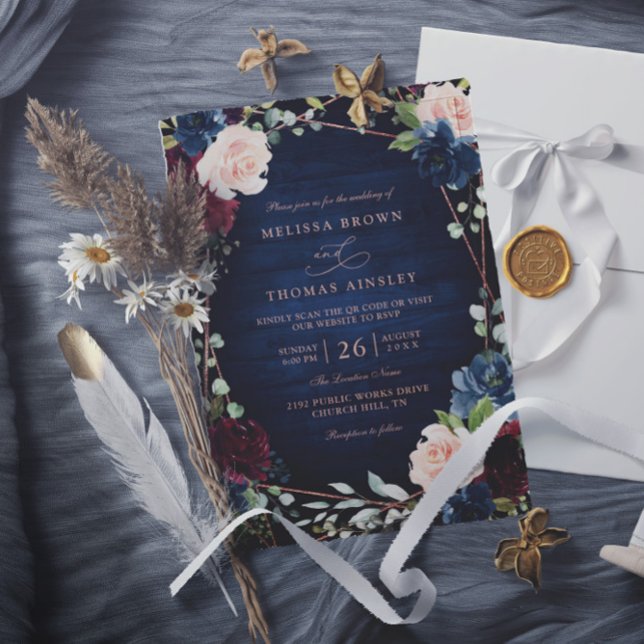 Burgunder Navy Blush Roségold QR-Code Hochzeit Einladung (Von Creator hochgeladen)