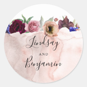Burgunder-Navy- und Rosé-Blumenhochzeit Runder Aufkleber
