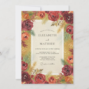 Burgunder-Ocker-Laub-Grau-Eukalyptus-Hochzeit Einladung