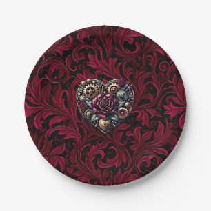 Burgunder Paisley Steampunk Herz Hochzeit Pappteller