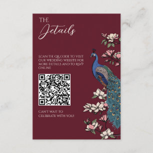 Burgunder-Pfau-Chinoiserie-Hochzeitsdetails QR Begleitkarte